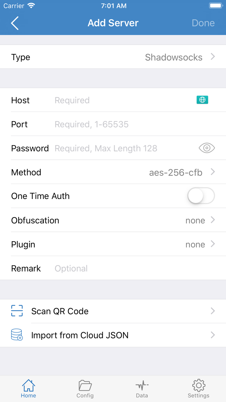 ShadowrocketのAdd Server公式スクリーンショット。Type、Host、Port、Password、Methodと画面下部の読み込み項目を表示